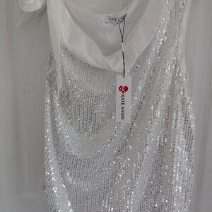 Kate Kasin White Blouse Silver Sequins